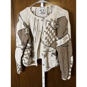 Vintage Ninon Hand Knit Chunky Cropped Cardigan Sweater Tan/Cream Button Sz L